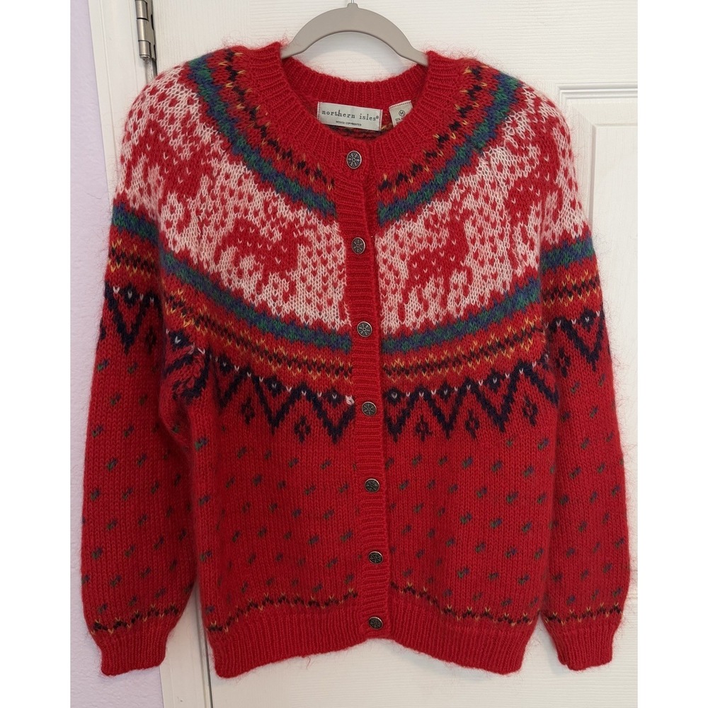 Vtg 90s Fair Isle Cardigan Red Mohair Blend Reindeer Christmas Northern Isles M